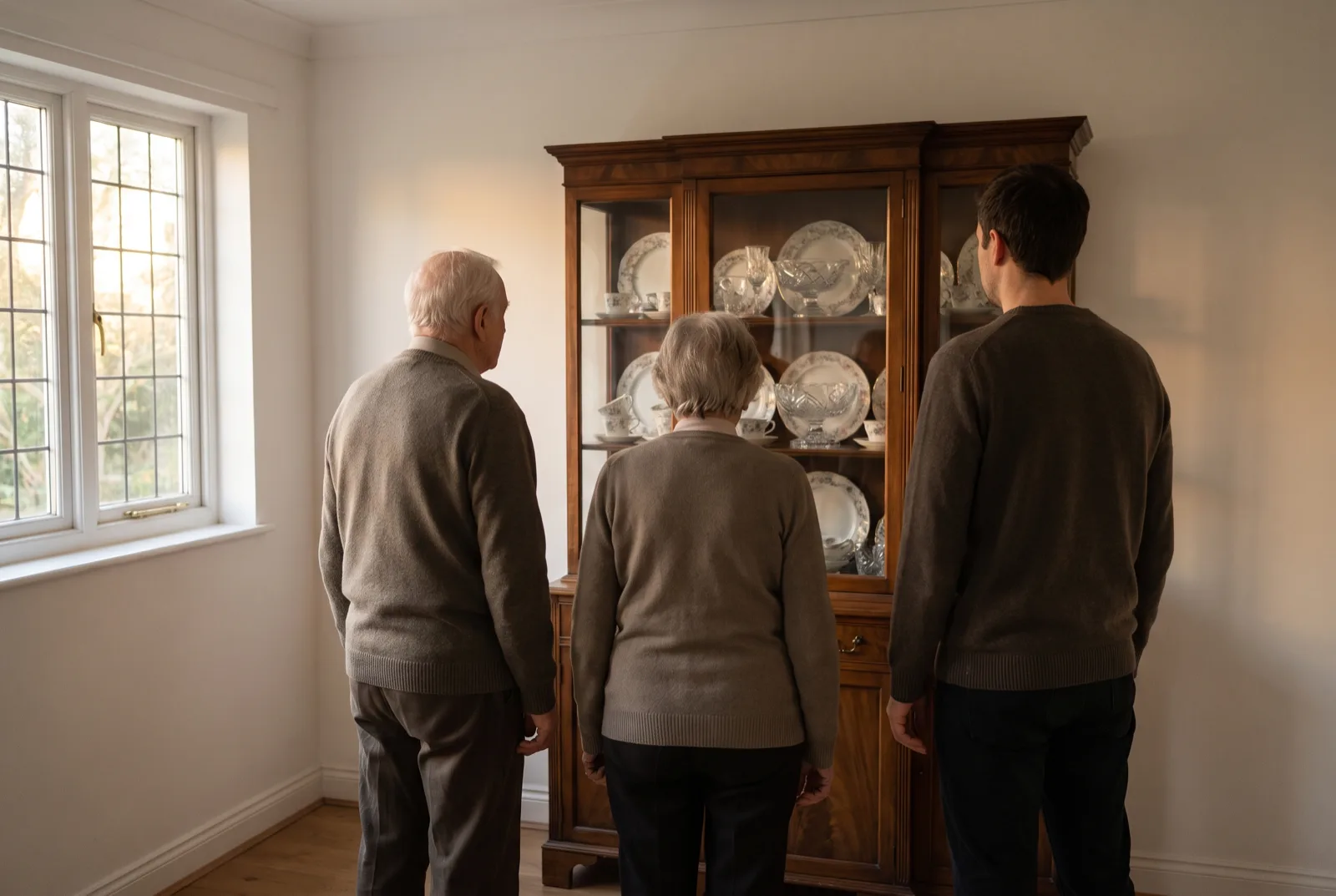An elderly couple and their adult son looking at a china cabinet of inherited porcelain and cut glass