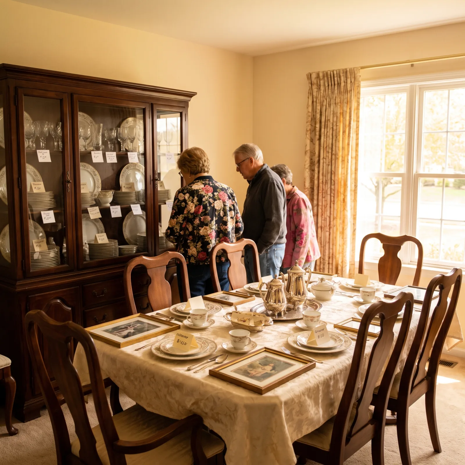 Well-organized estate sale in a suburban home dining room with staged china cabinet and price tags