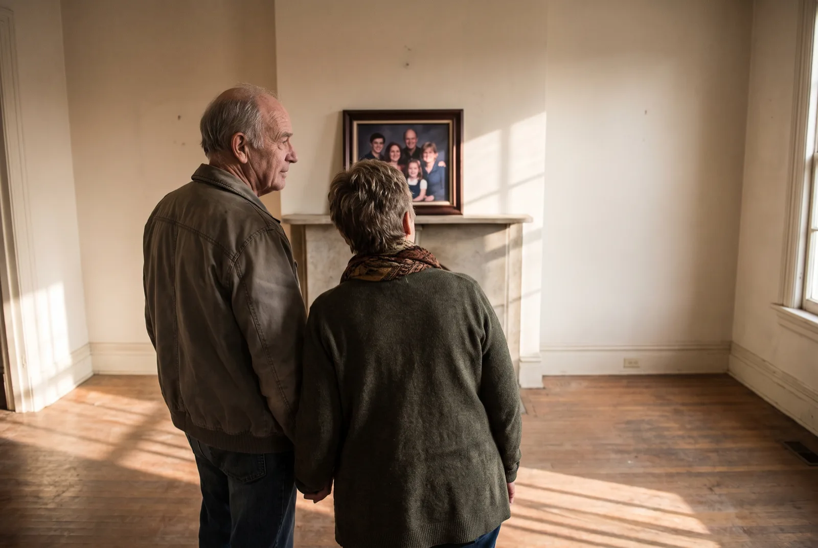 An older couple standing in an emptied, sunlit living room looking at one remaining framed family portrait